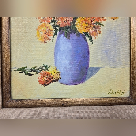 Do R'e Original Oil Painting Vintage Blue Vase With Orange-Yellow Chrysanthemums - Picture 7 of 12